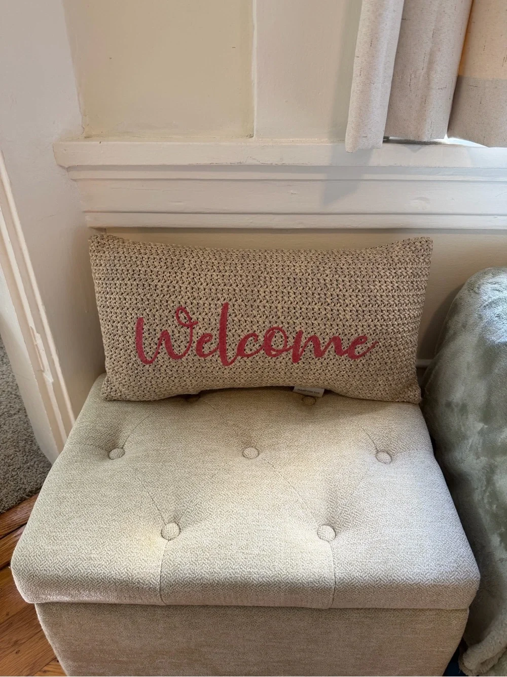 Embroidered Welcome Jute-Style Accent Pillow – Natural with Red Script